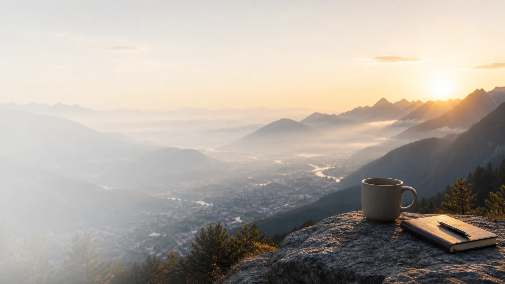 A coffee mug and notebook on a stone overlook above a misty sunrise mountain valley