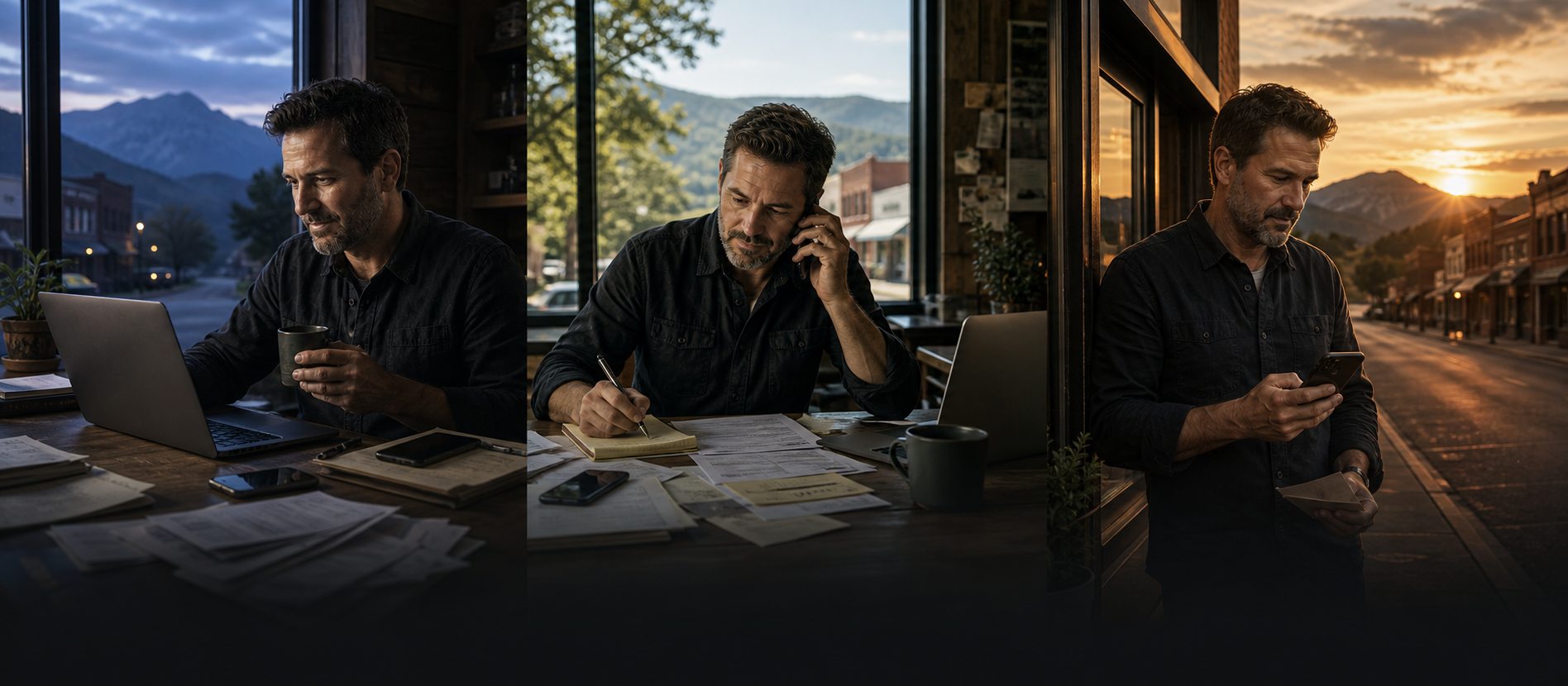 A small-business owner sorting requests at a laptop before sunrise